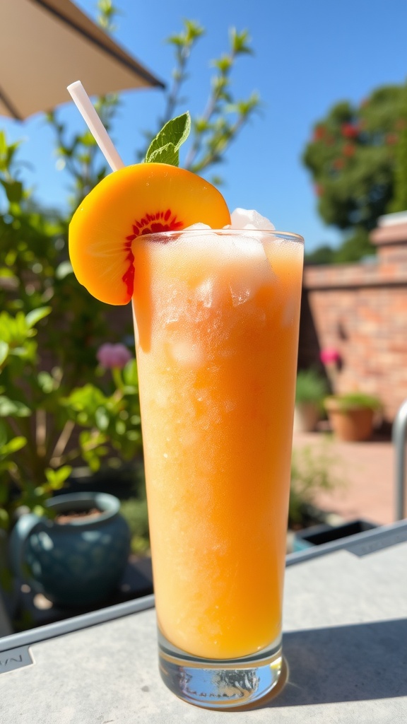 A chilled glass of peach vodka slush garnished with peach slice and mint, set against a sunny patio backdrop.